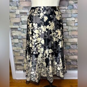 John Paul Richard black & tan floral midi A line skirt with tulle bottom hem🖤